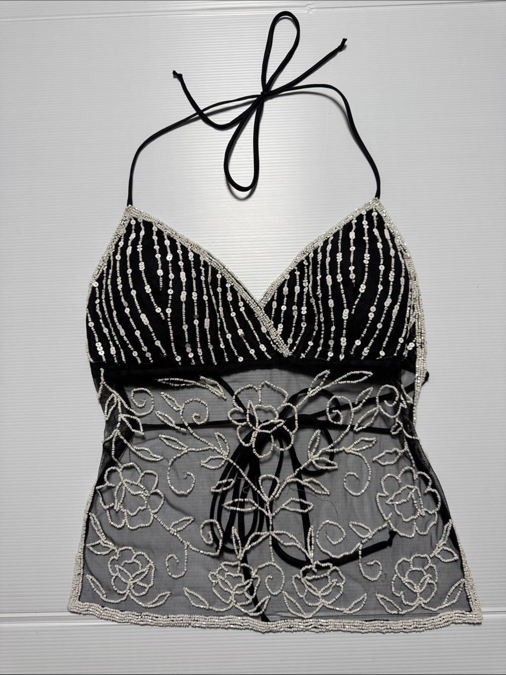 Y2K Vintage Venus USA Black Beaded Lace Mesh Halter Top Black White Open Back SM